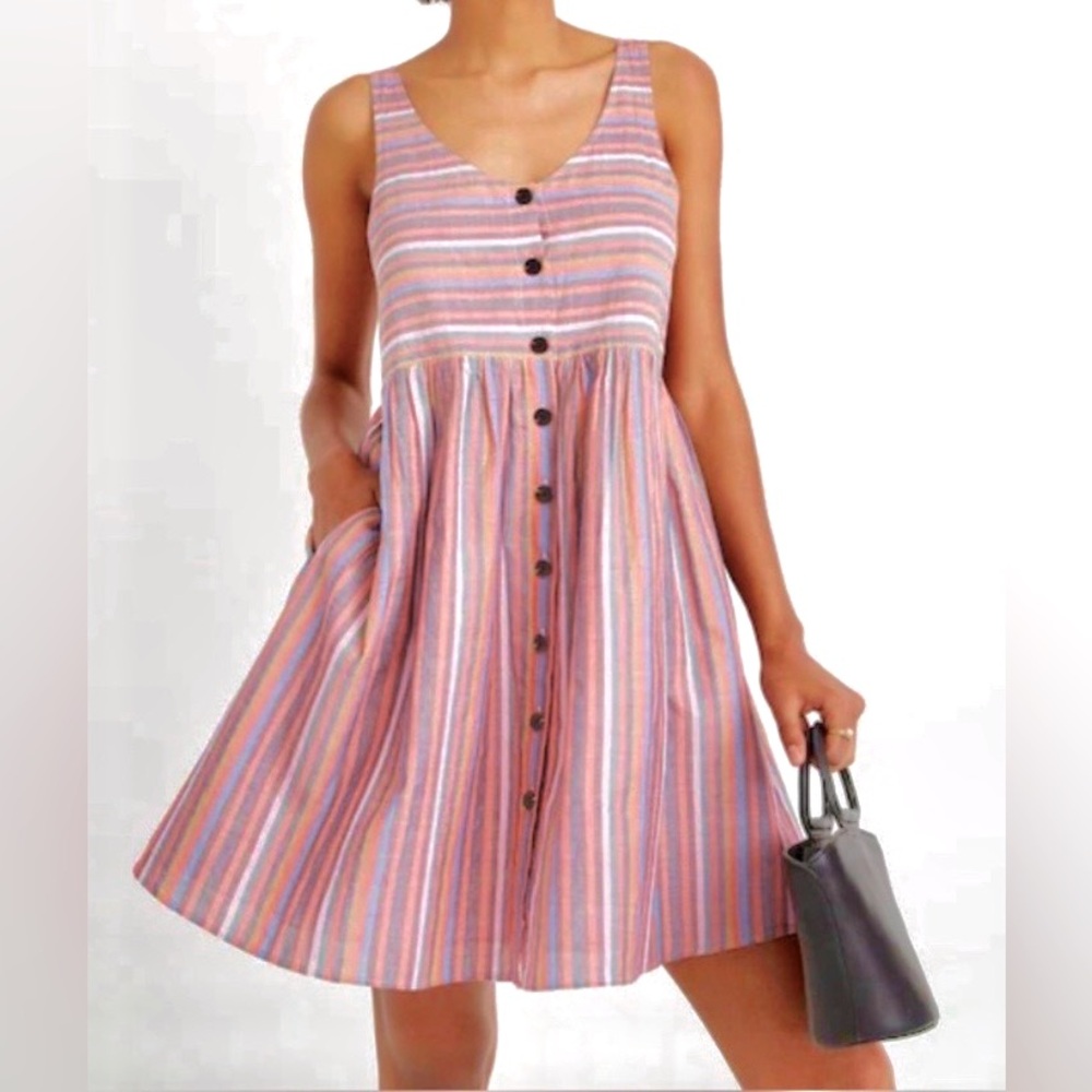 Madewell Mini Dress Oversize Low Cut Front Button Cotton Rainbow Stripes Sz. XXS